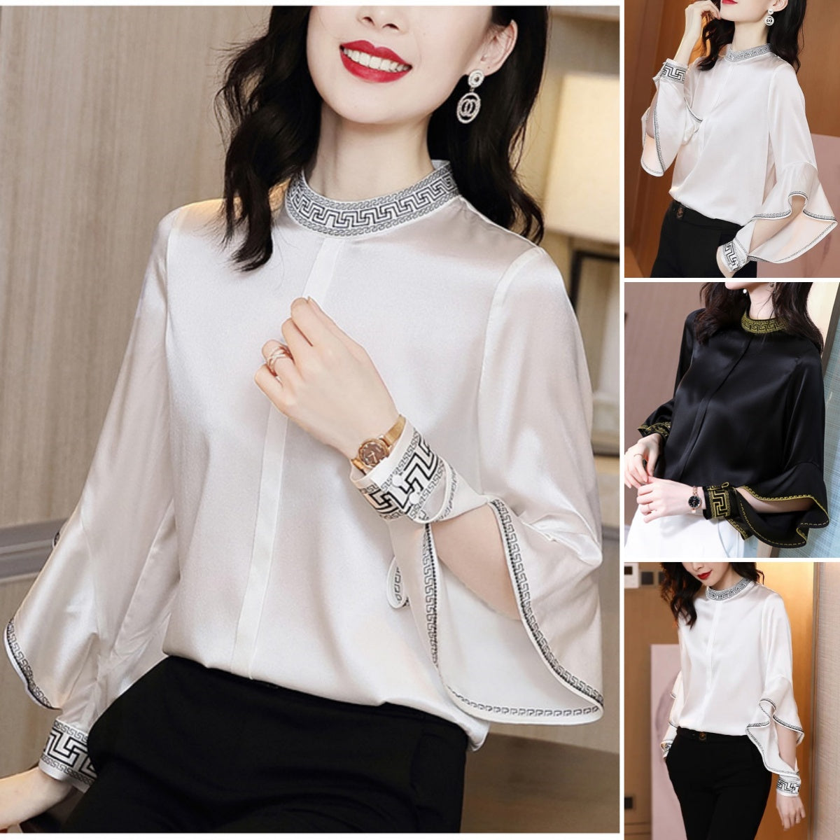 🔥【M-3XL】Blusa de seda satinada con volantes y nueva moda 2025